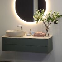 Комплект умивальника на стільницю Villeroy&Boch Antao 51х40 см Ceramic Plus, Almond з тумбою Villeroy&Boch Antao 120х36х50 см LED LED, Leaf Green Matt Lacquer, з експозиції салона (4A7351AM/L22010