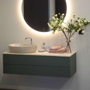 купить Комплект умивальника на стільницю Villeroy&Boch Antao 51х40 см Ceramic Plus, Almond з тумбою Villeroy&Boch Antao 120х36х50 см LED LED, Leaf Green Matt Lacquer, з експозиції салона (4A7351AM/L22010 недорого