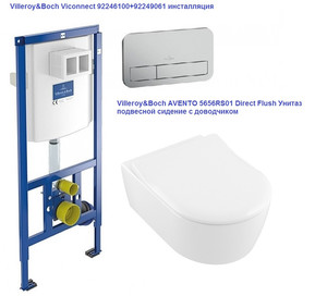 купить VILLEROY & BOCH 5656RS01 + 92246100 + 92249061 AVENTO Direct Flush унитаз подвесной с крышкой SLIM Soft Close ViConnect Комплект инсталляции для унитаза ViConnect E200 Клавиша хром недорого